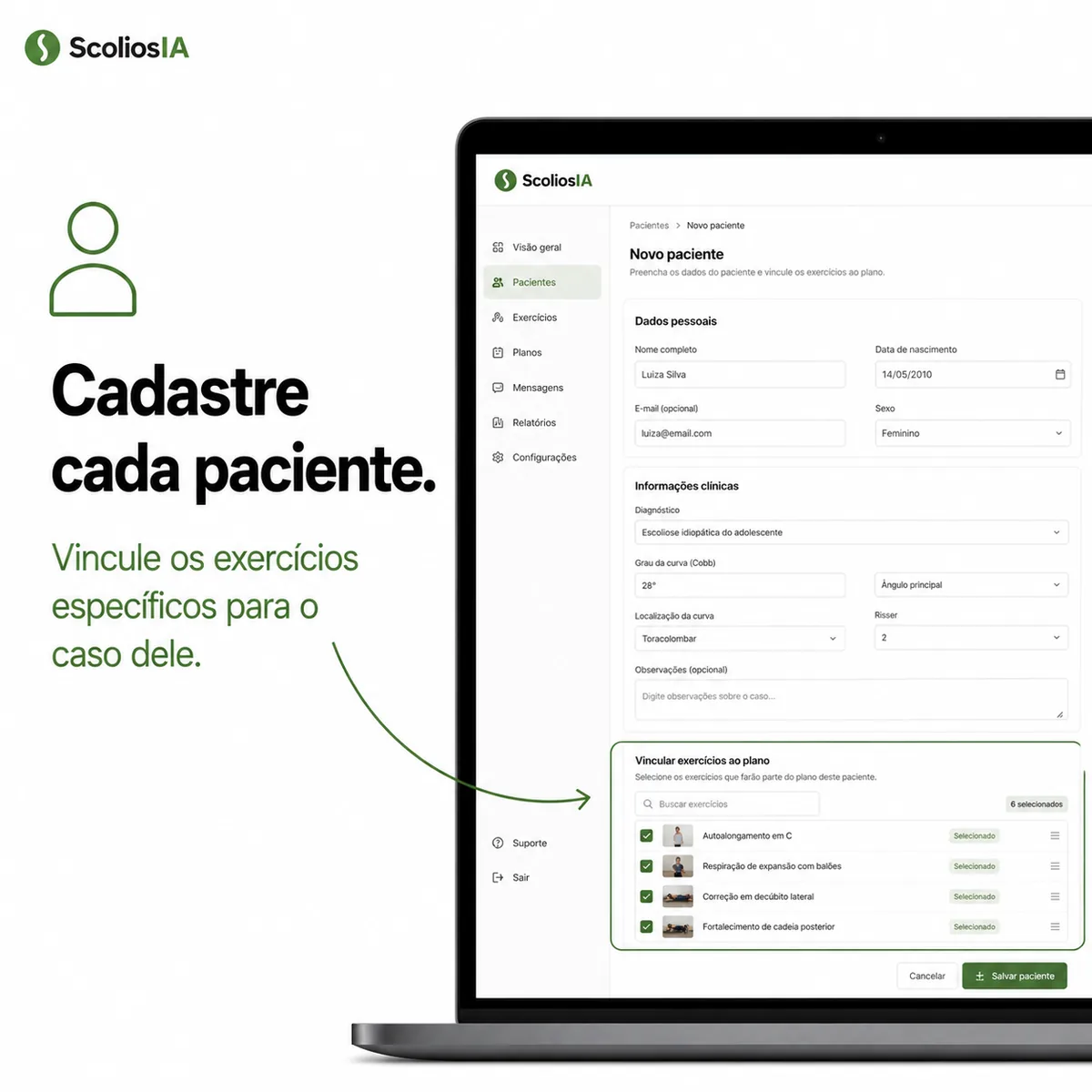 Tela de cadastro do paciente no painel clínico