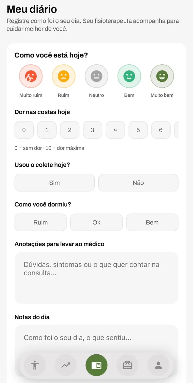 Diário emocional do paciente no app