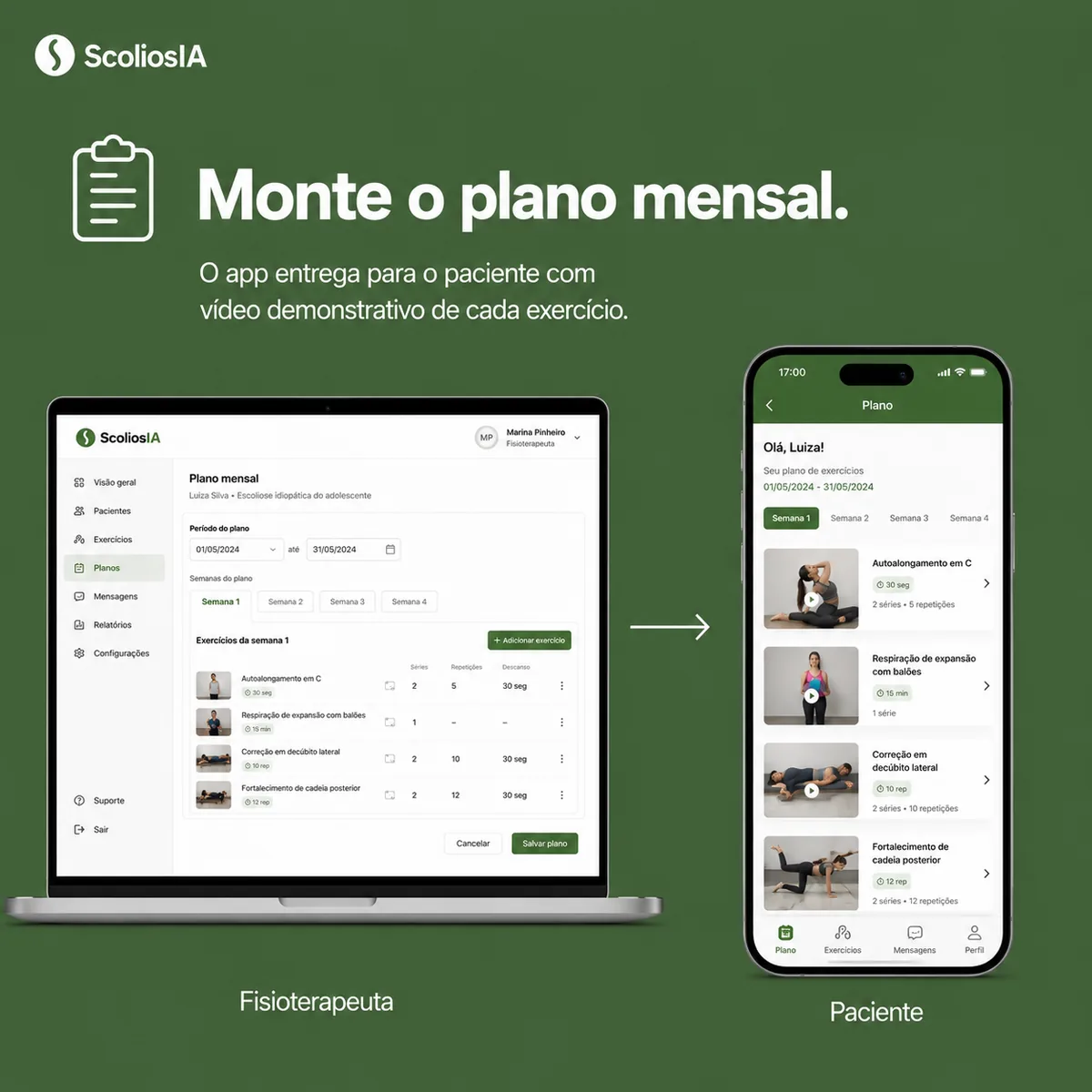 Painel do fisioterapeuta e app do paciente